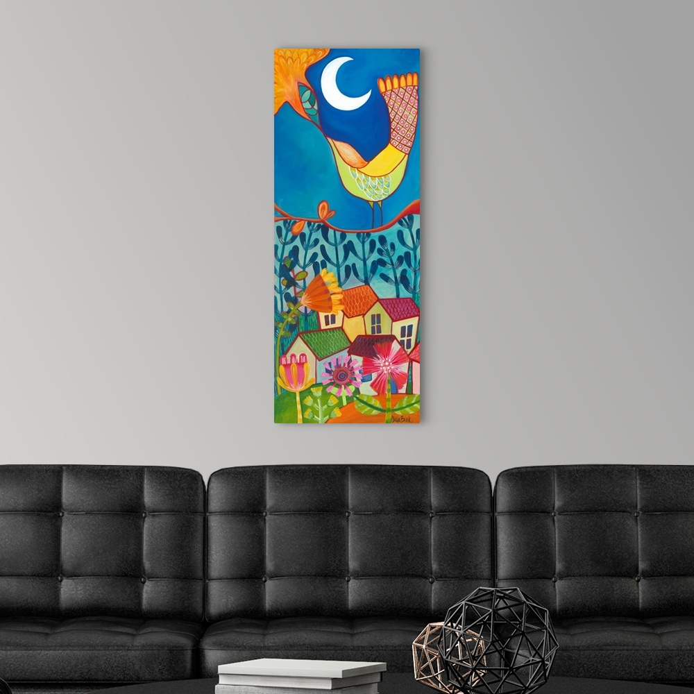 A modern room featuring Contemporary painting of a bird on a branch looking up into the night sky at the moon.
