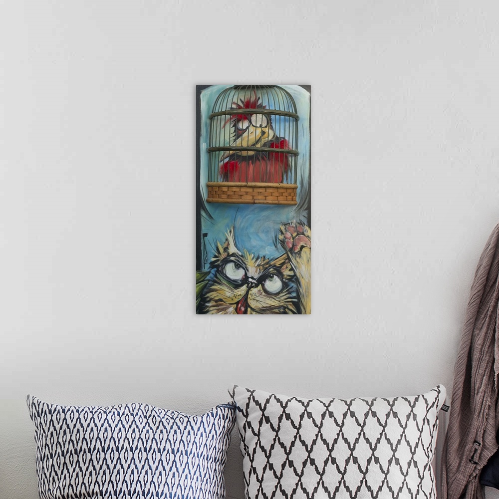 A bohemian room featuring Mixed media painting of a bird sitting over a cat with an actual cage.