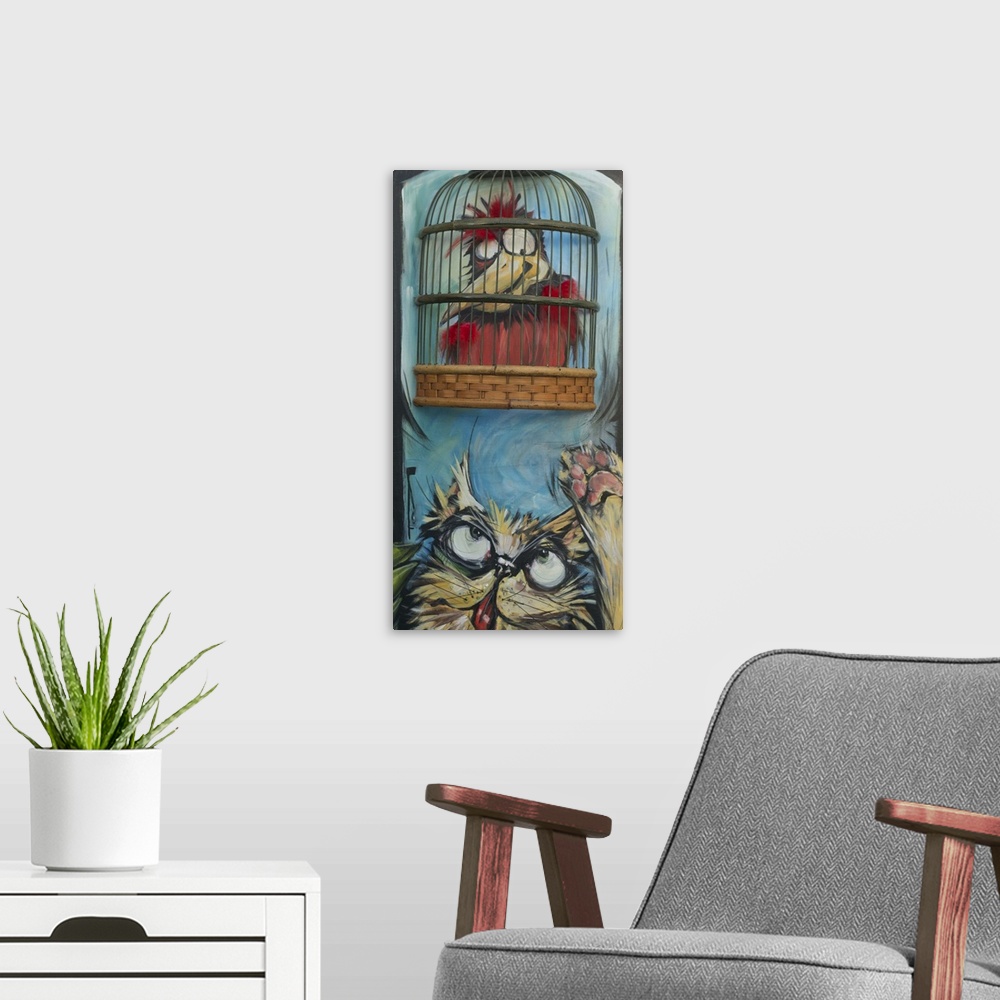 A modern room featuring Mixed media painting of a bird sitting over a cat with an actual cage.