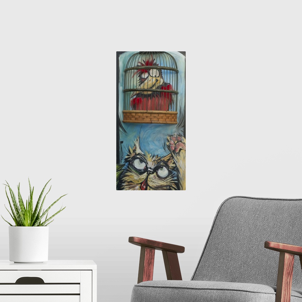 A modern room featuring Mixed media painting of a bird sitting over a cat with an actual cage.