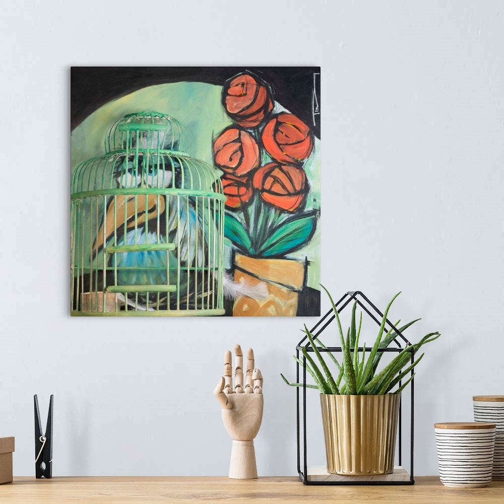 A bohemian room featuring Mixed media painting of a bird next to roses in a vase, with an actual cage.