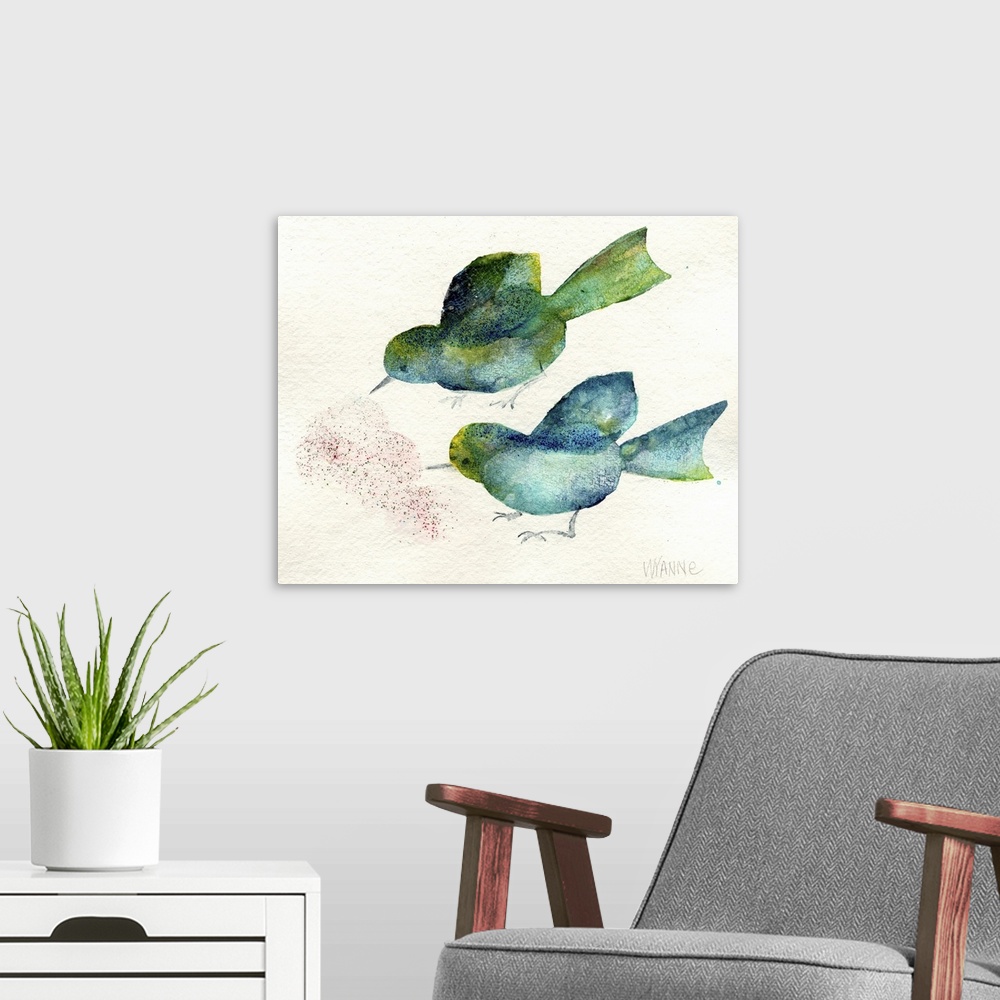 A modern room featuring Two watercolor birds looking at seeds on the ground.