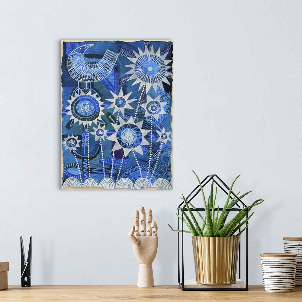 A bohemian room featuring Contemporary folk art painting of a bird perched on flowers with pointed petals.
