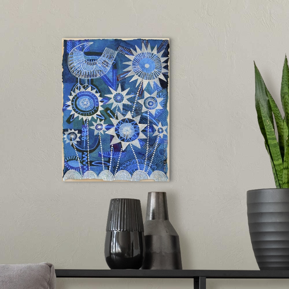 A modern room featuring Contemporary folk art painting of a bird perched on flowers with pointed petals.