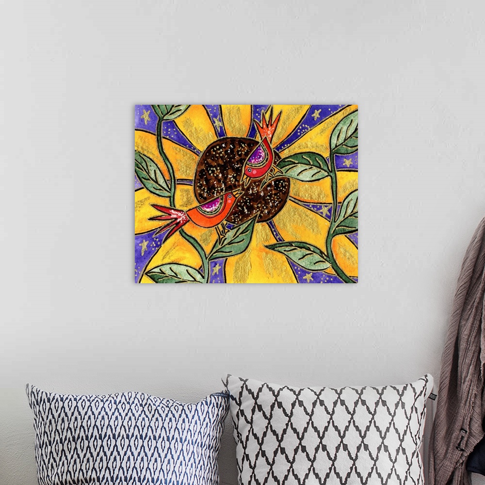 A bohemian room featuring Two red birds in front of a large sunflower.