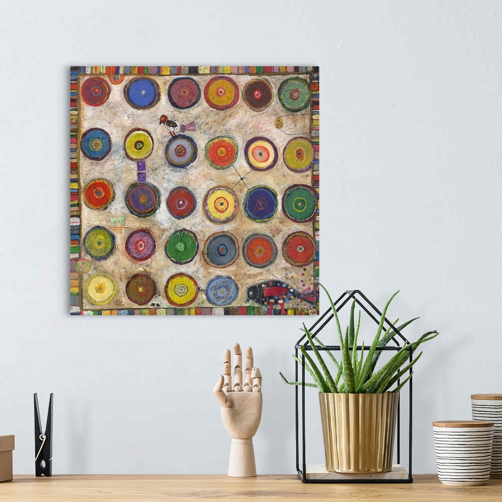 A bohemian room featuring Lighthearted contemporary painting of a grid with a bunch of colorful circles and bird in the cor...