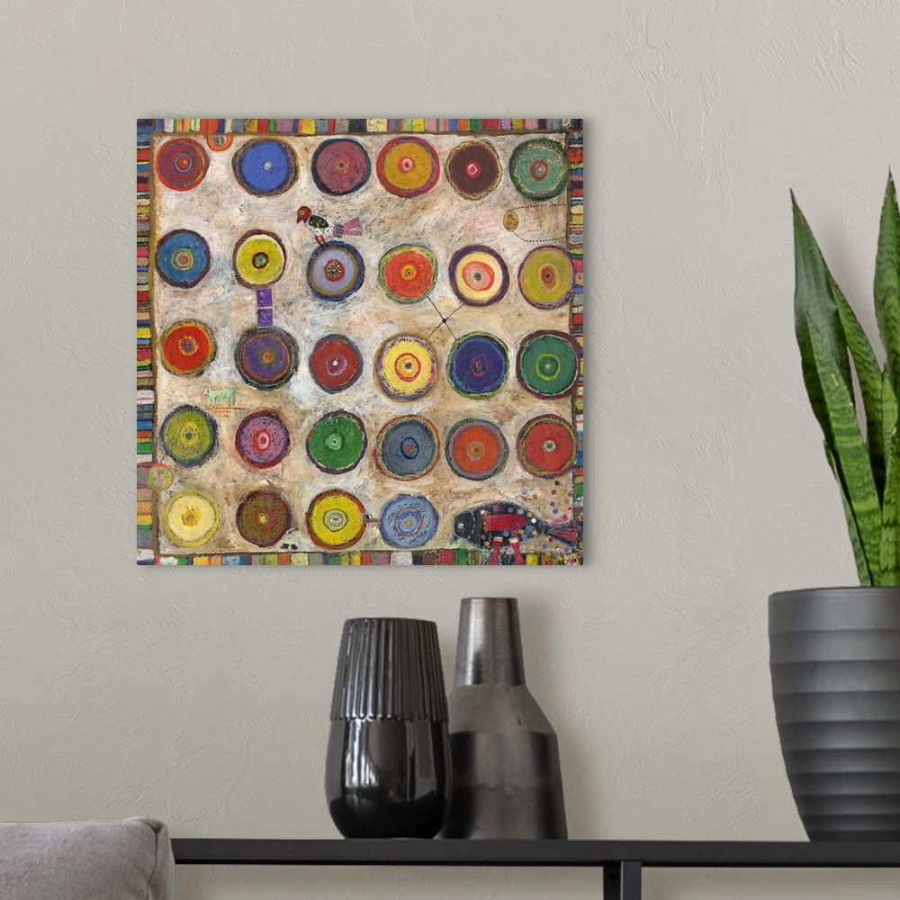 A modern room featuring Lighthearted contemporary painting of a grid with a bunch of colorful circles and bird in the cor...