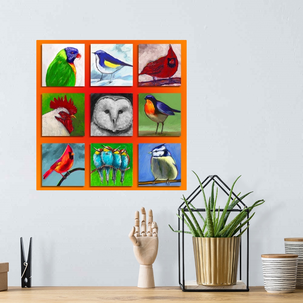 A bohemian room featuring A contemporary painting of tiled images of birds.