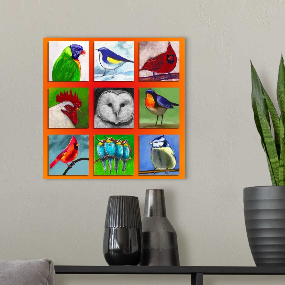 A modern room featuring A contemporary painting of tiled images of birds.