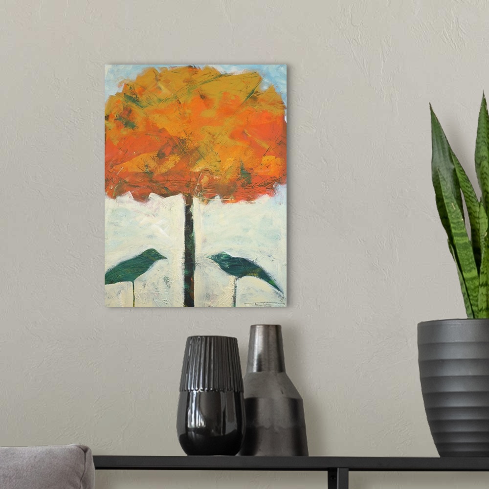 A modern room featuring Minimalist painting of two birds under a tree with autumn leaves.