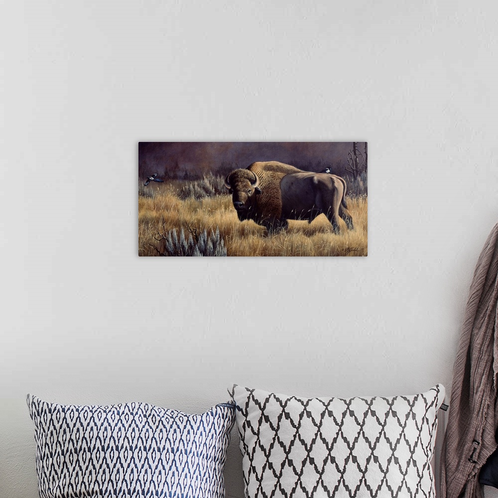 A bohemian room featuring Buffalo with a bird on its back standing in a field.