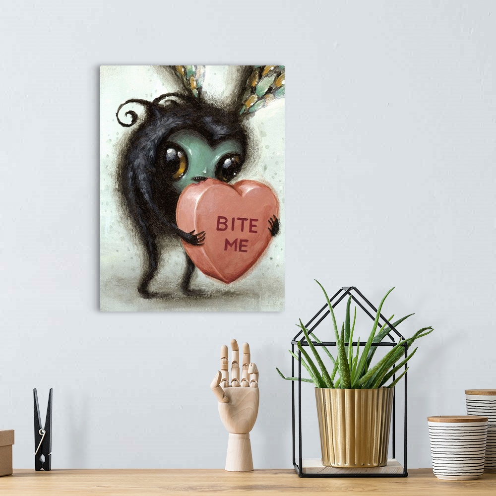 A bohemian room featuring Surrealist painting of an insect-like creature holding a heart-shaped candy.