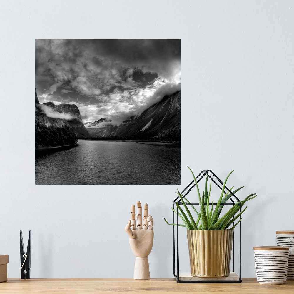 A bohemian room featuring Black and White Photo of mountains and wilderness