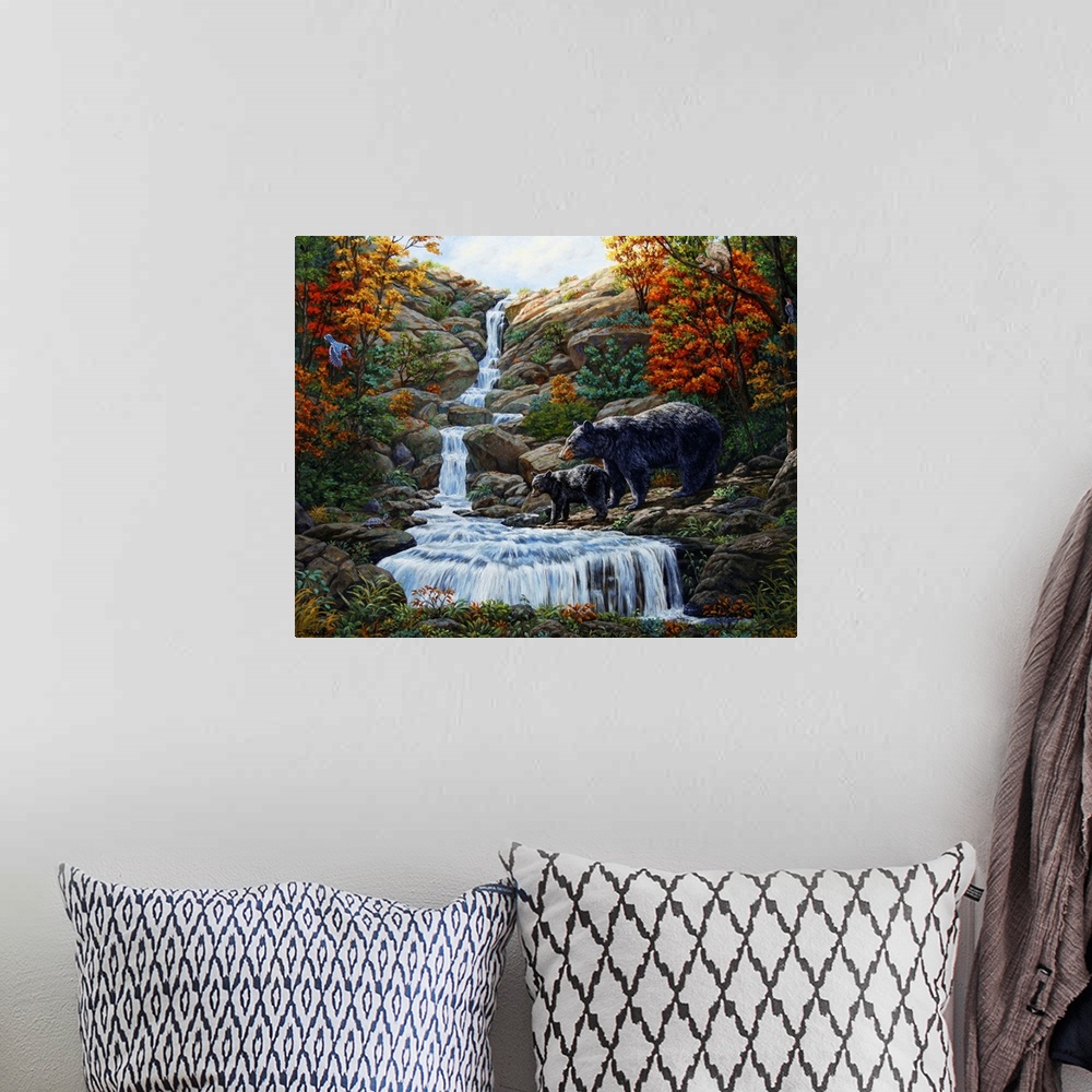A bohemian room featuring Black bear, waterfall, forest