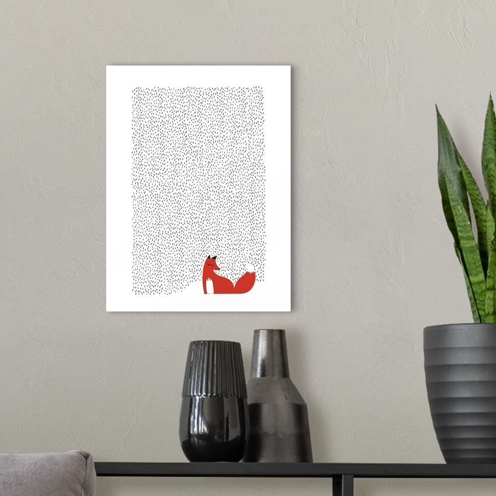 A modern room featuring Contemporary artwork of a red fox surrounded by a lined pattern against a white background.