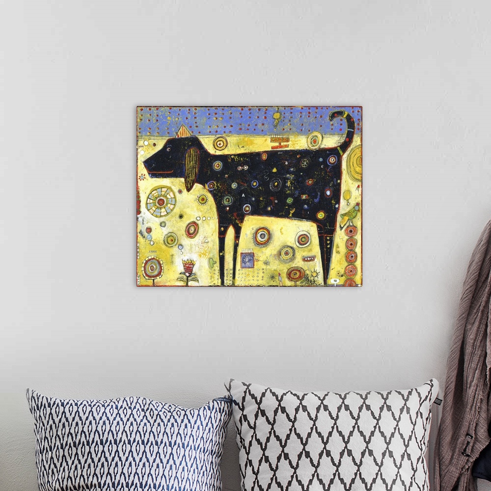 A bohemian room featuring Lighthearted contemporary painting of black dog with spots.