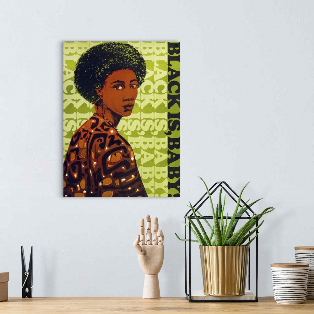 A bohemian room featuring Vintage poster artwork of an African-American woman looking over her shoulder with lime green tex...