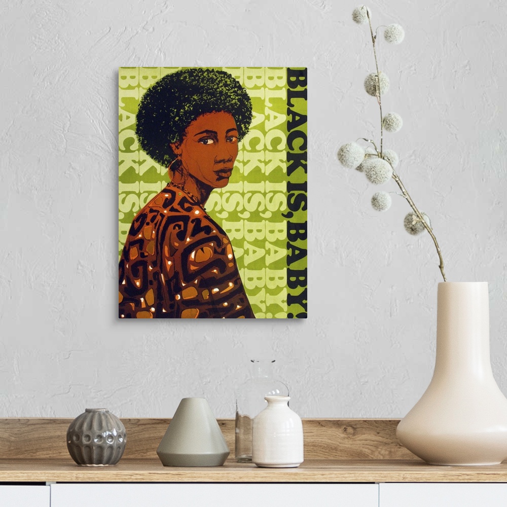 A farmhouse room featuring Vintage poster artwork of an African-American woman looking over her shoulder with lime green tex...