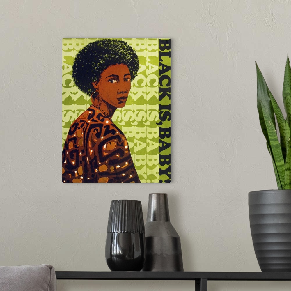 A modern room featuring Vintage poster artwork of an African-American woman looking over her shoulder with lime green tex...