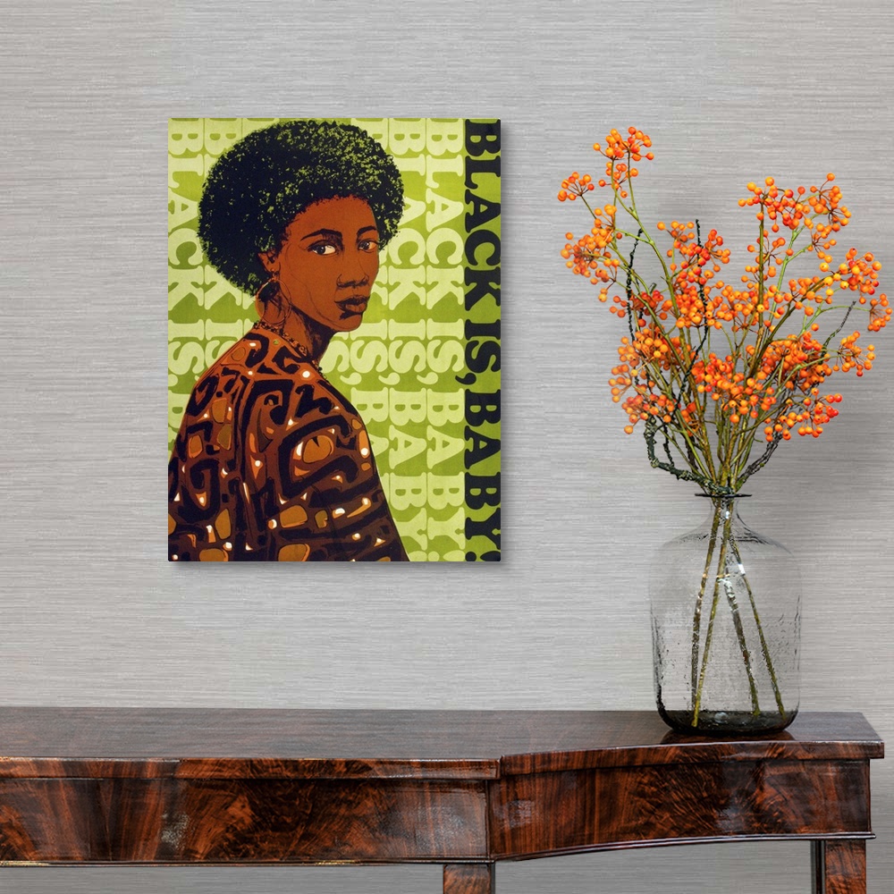 A traditional room featuring Vintage poster artwork of an African-American woman looking over her shoulder with lime green tex...