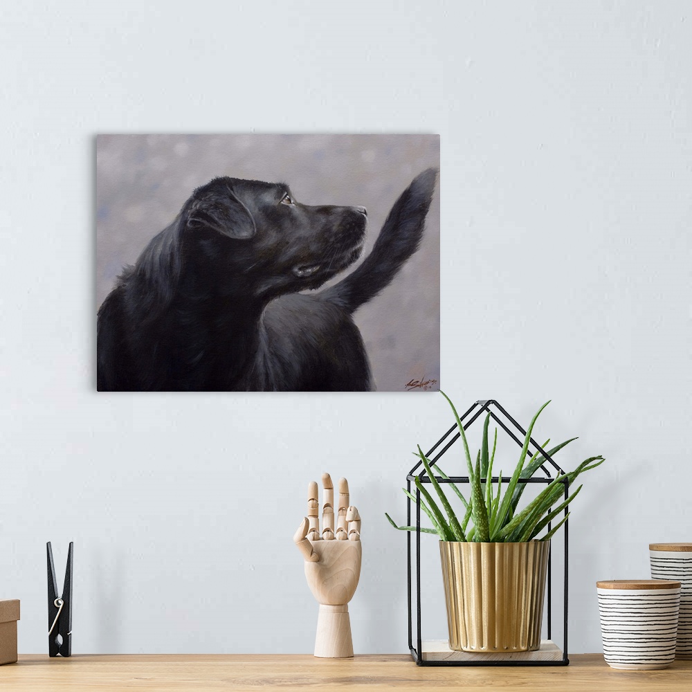 A bohemian room featuring Contemporary painting of a black Labrador retriever.