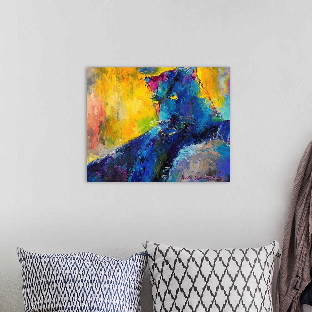 A bohemian room featuring Colorful abstract painting of a panther resting.