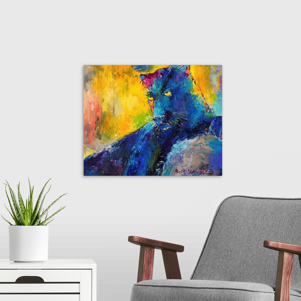 A modern room featuring Colorful abstract painting of a panther resting.