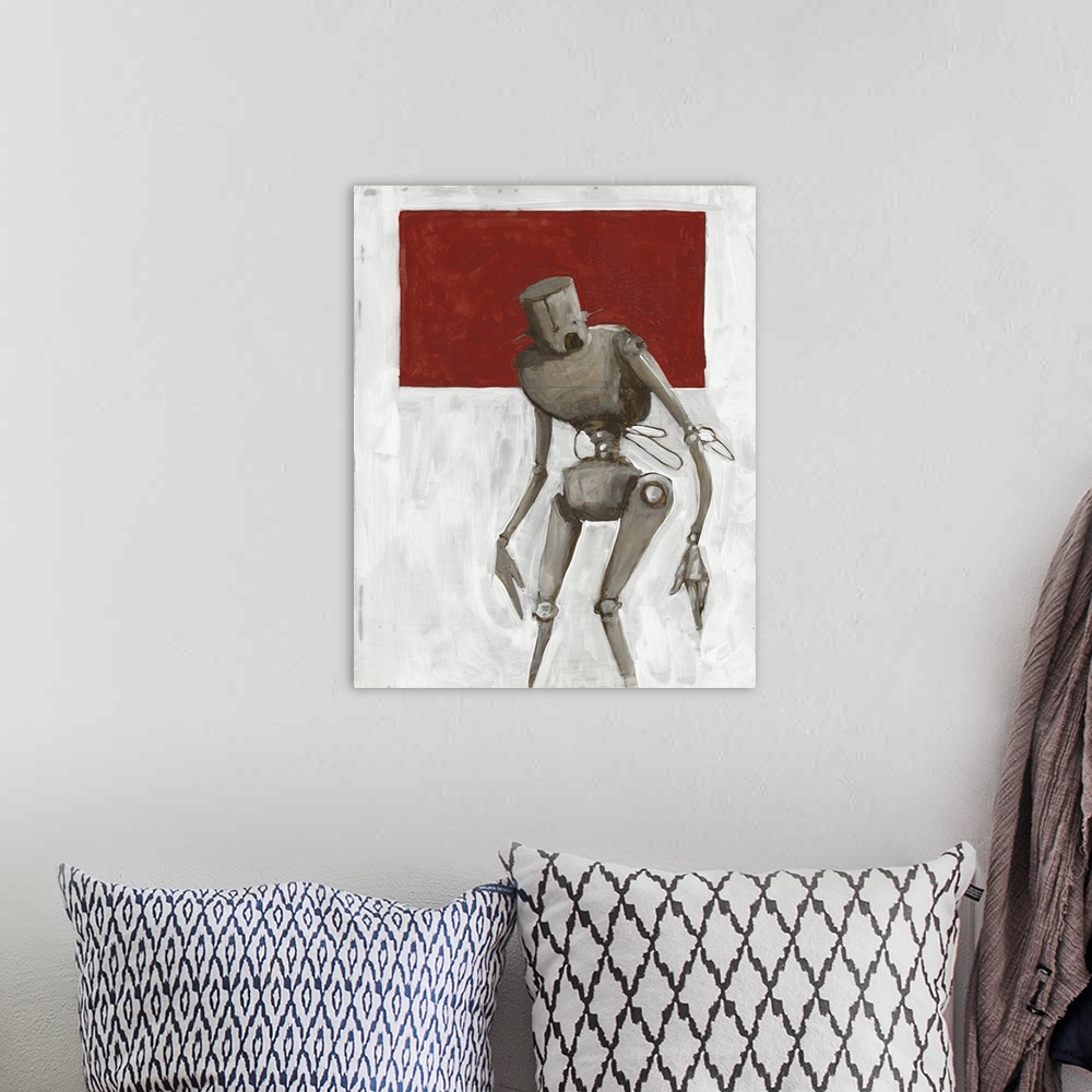 A bohemian room featuring Illustration of a thin grey robot standing in front of a red square.