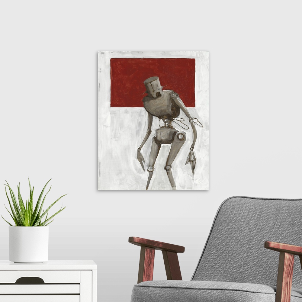 A modern room featuring Illustration of a thin grey robot standing in front of a red square.