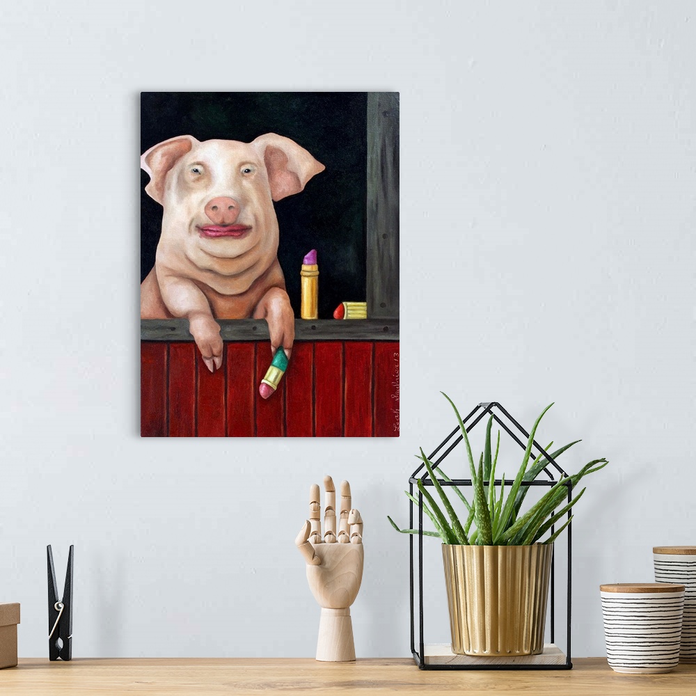 A bohemian room featuring Surrealist painting of a pig putting lipstick on.