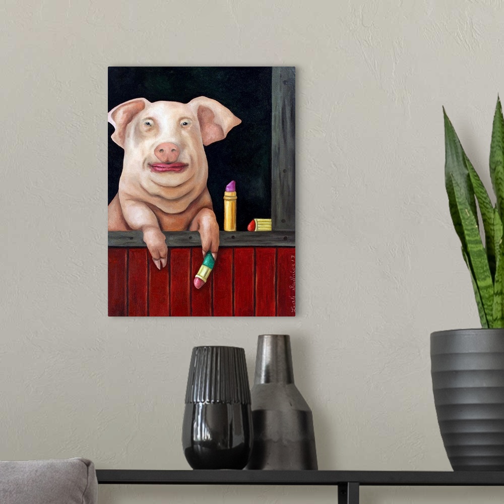 A modern room featuring Surrealist painting of a pig putting lipstick on.