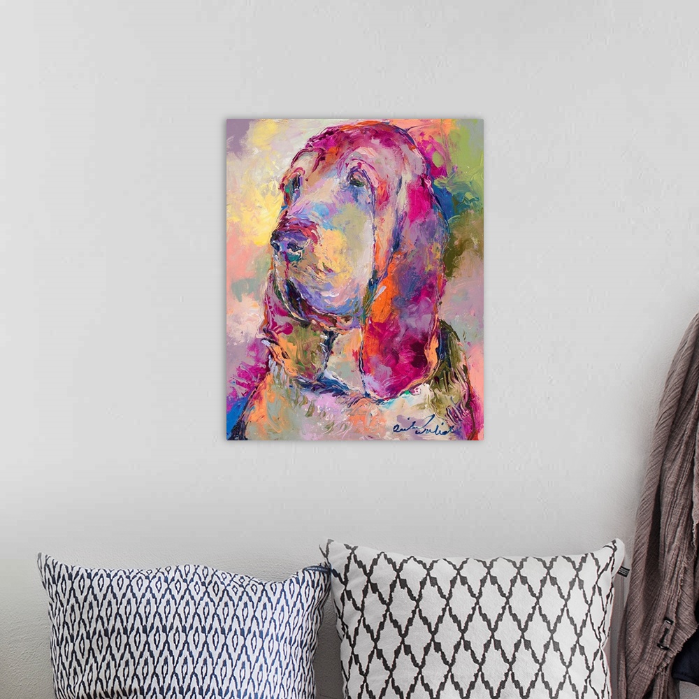 A bohemian room featuring Colorful abstract painting of a blood hound.