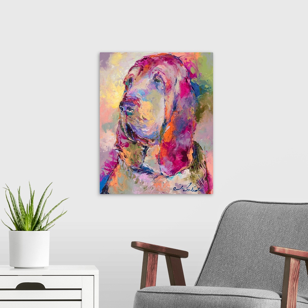 A modern room featuring Colorful abstract painting of a blood hound.