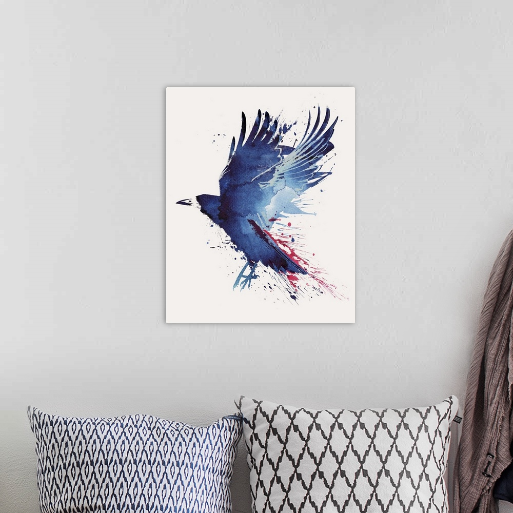A bohemian room featuring Contemporary artwork of a bird in flight with trails of splattered paint coming from the wings.