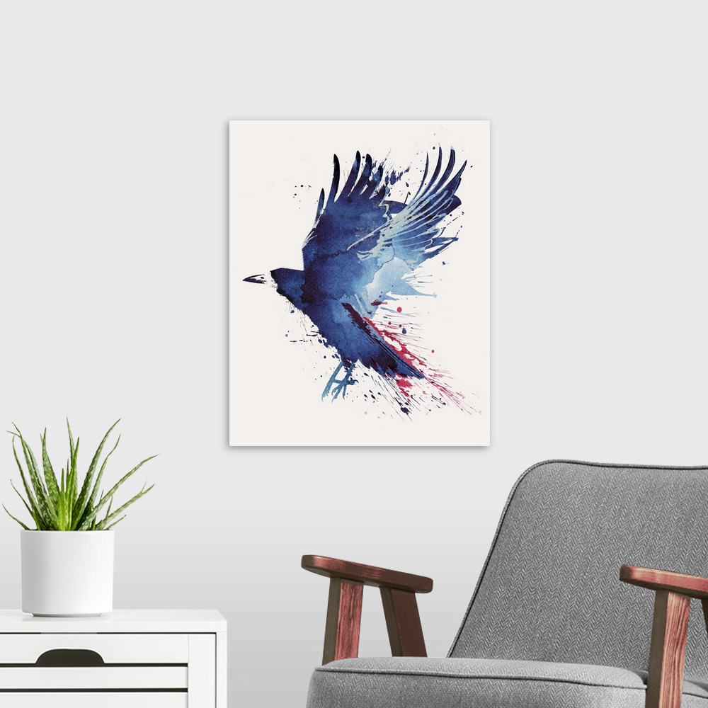 A modern room featuring Contemporary artwork of a bird in flight with trails of splattered paint coming from the wings.