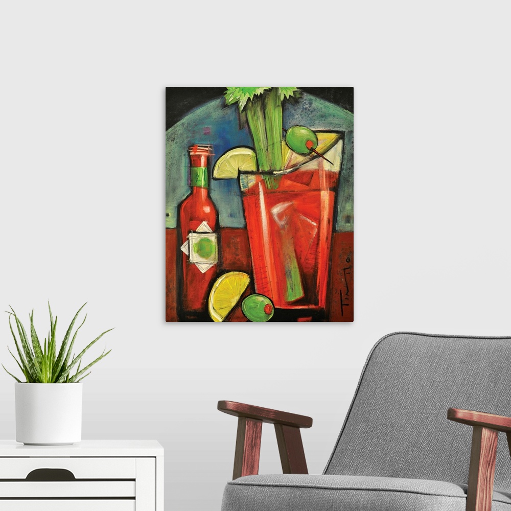 A modern room featuring Painting of alcoholic beverage garnished with celery, olives, and lemons next to a bottle of mix.