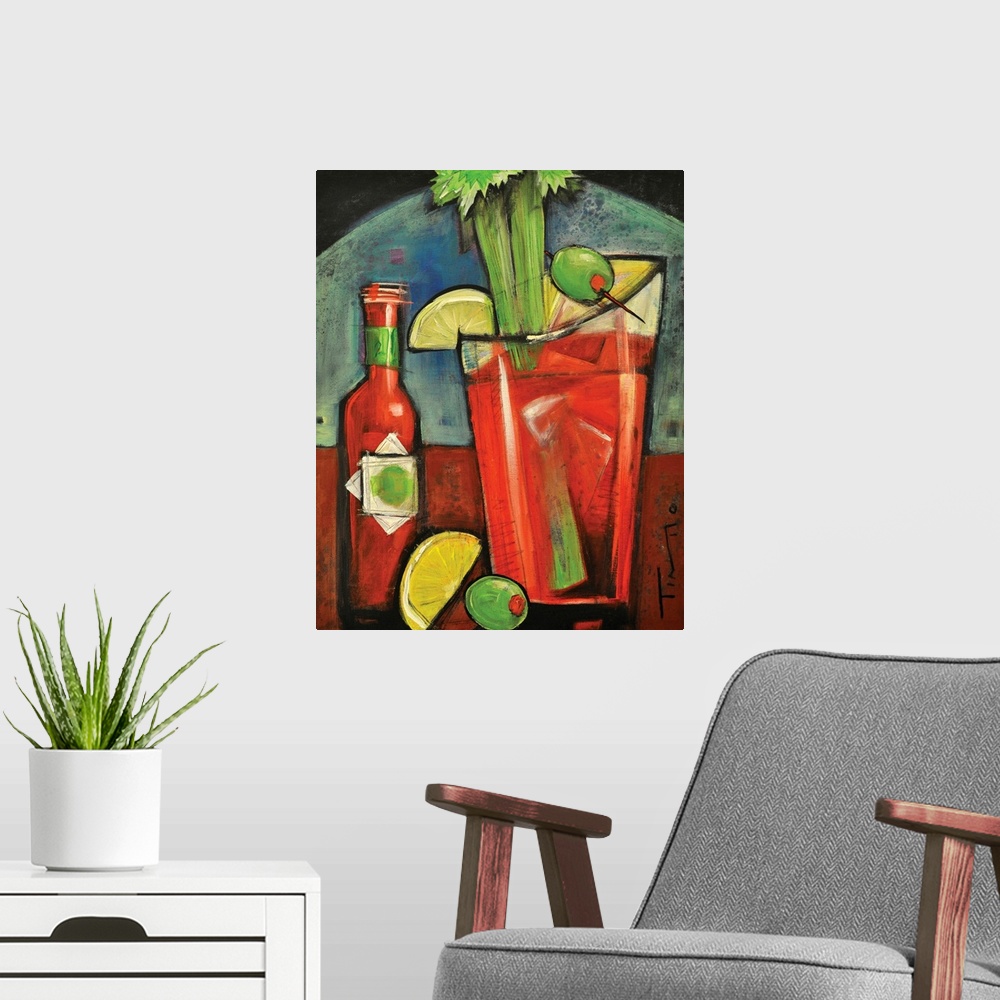 A modern room featuring Painting of alcoholic beverage garnished with celery, olives, and lemons next to a bottle of mix.