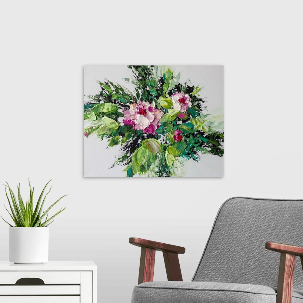 A modern room featuring Original acrylic floral painting of white roses and pink flowers by contemporary artist Melissa M...