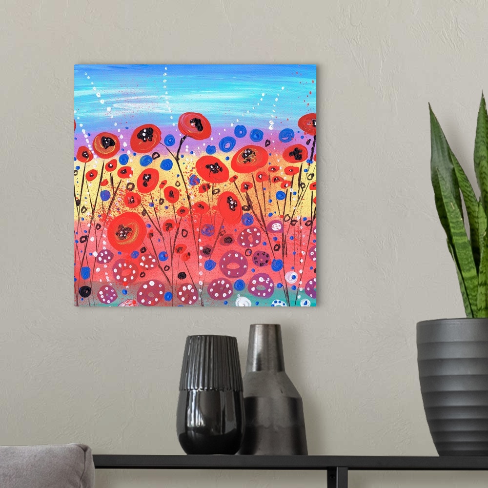 A modern room featuring A painting of fields filled with wildflowers.