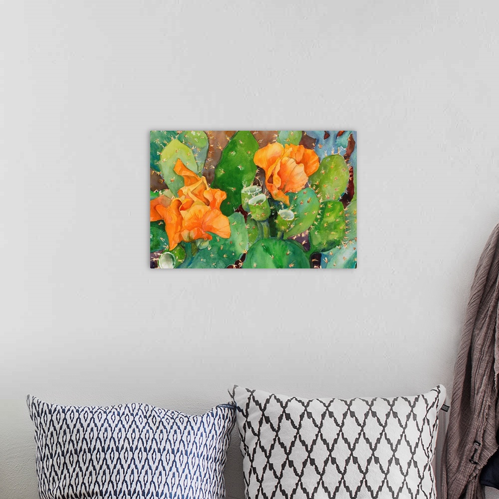 A bohemian room featuring Colorful contemporary painting of cactus flowers in bloom.