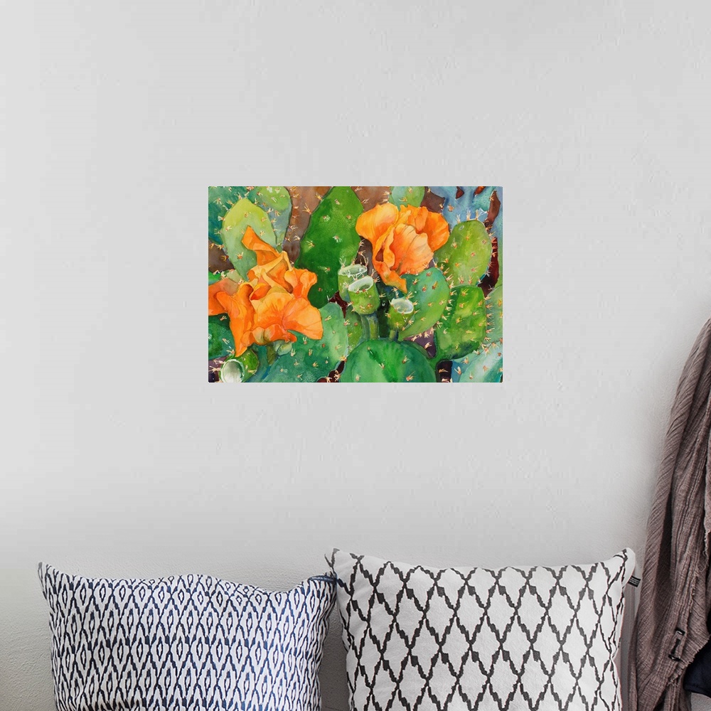 A bohemian room featuring Colorful contemporary painting of cactus flowers in bloom.
