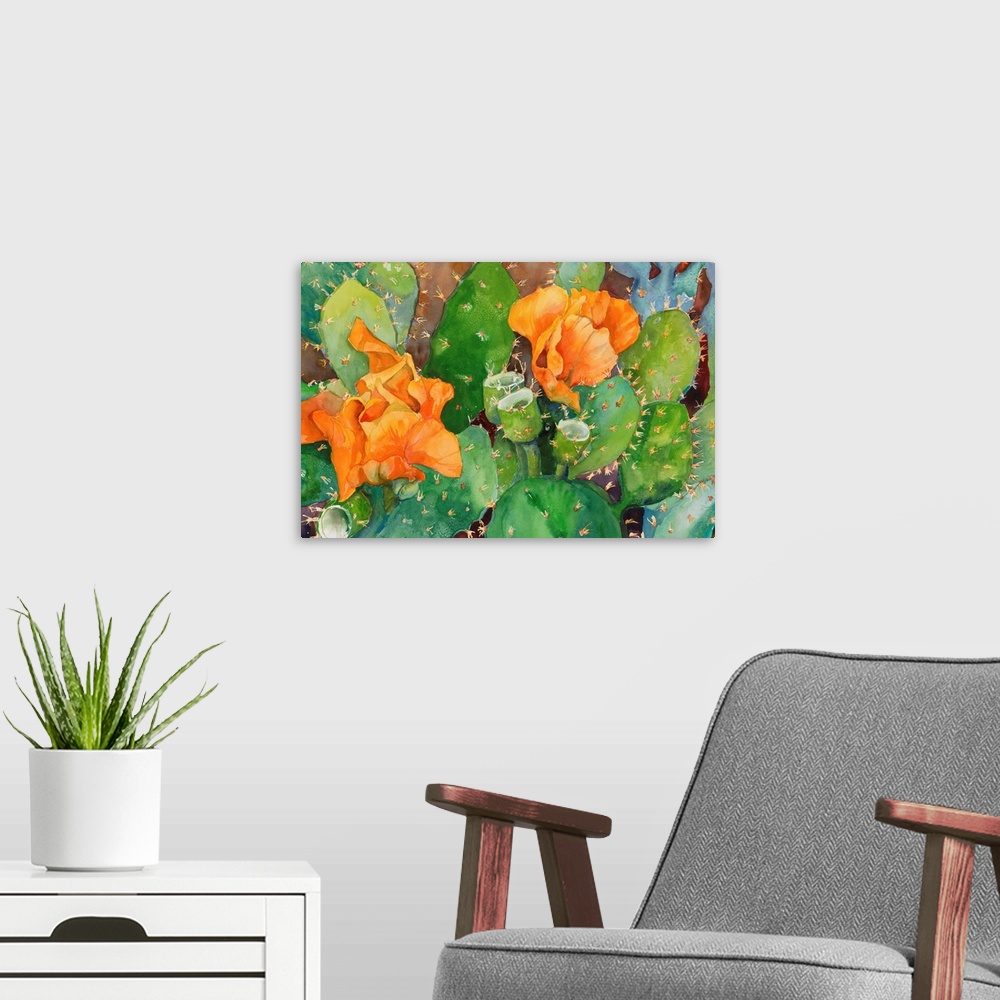 A modern room featuring Colorful contemporary painting of cactus flowers in bloom.