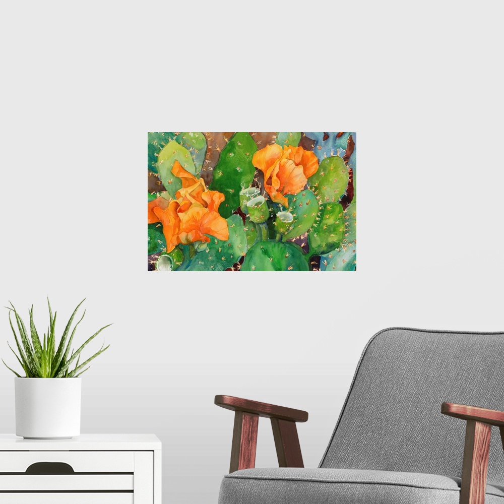 A modern room featuring Colorful contemporary painting of cactus flowers in bloom.