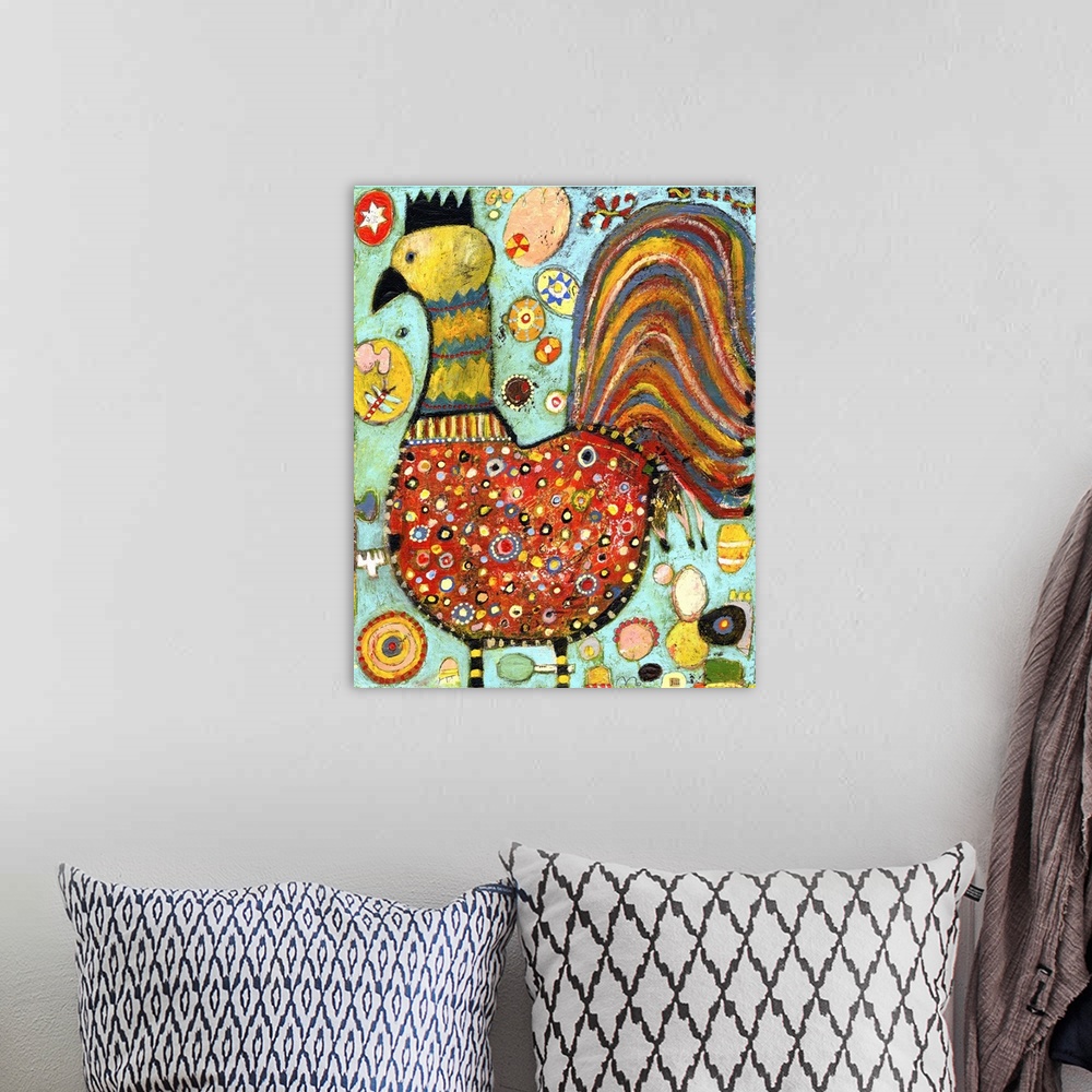 A bohemian room featuring Lighthearted contemporary painting of a multi-colored chicken.