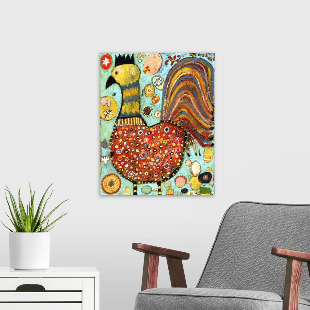 A modern room featuring Lighthearted contemporary painting of a multi-colored chicken.