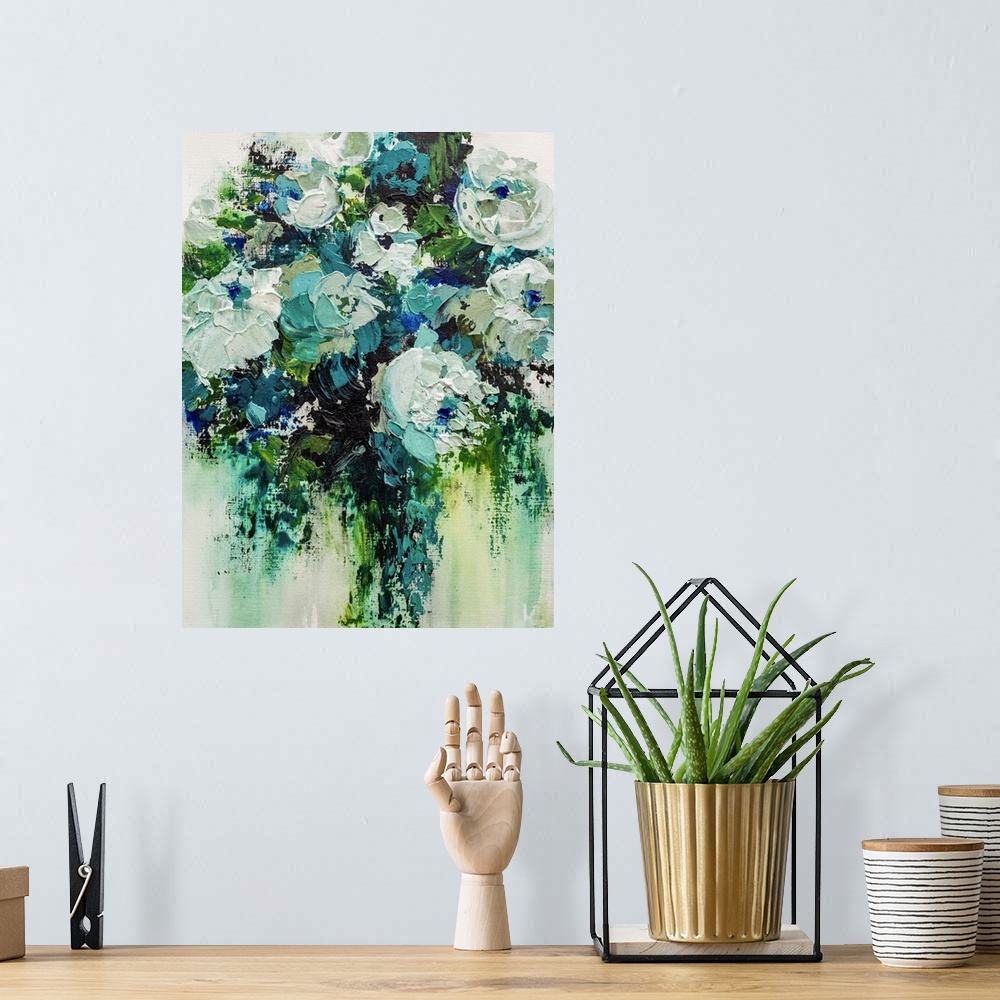 A bohemian room featuring Original painting of modern flower bouquet of turquoise aqua and white flowers by contemporary ar...