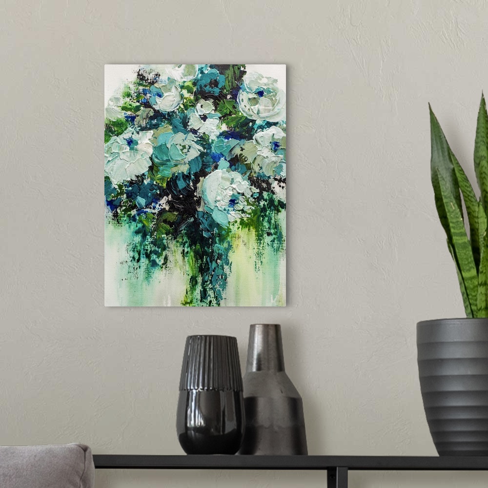 A modern room featuring Original painting of modern flower bouquet of turquoise aqua and white flowers by contemporary ar...