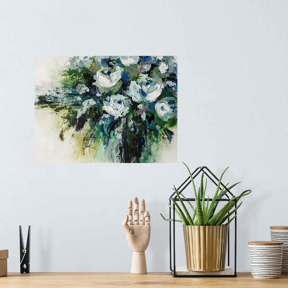 A bohemian room featuring Original painting of modern flower arrangement of turquoise aqua and white flowers by contemporar...