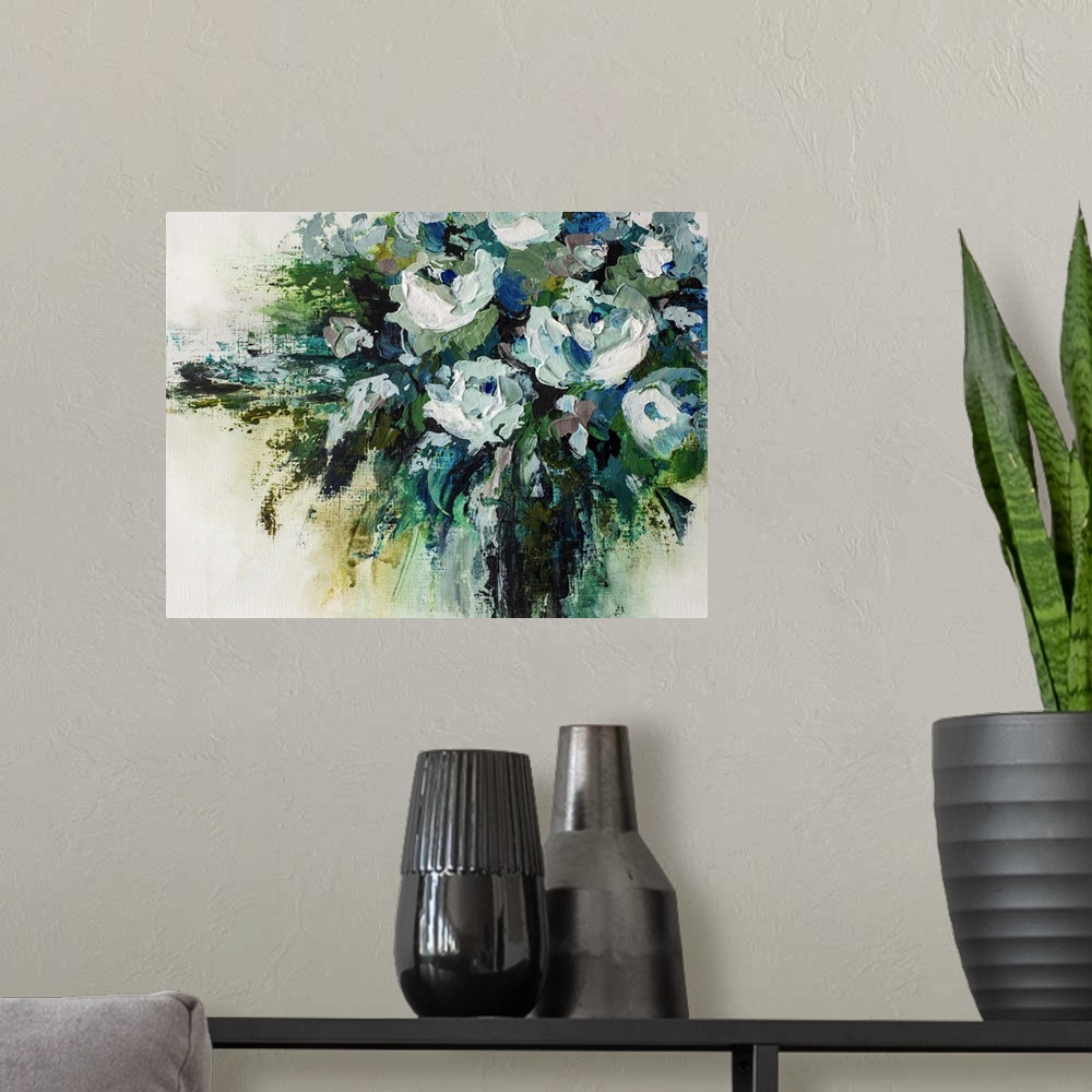 A modern room featuring Original painting of modern flower arrangement of turquoise aqua and white flowers by contemporar...