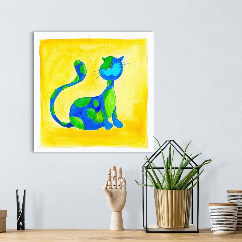 A bohemian room featuring blue cat with green spots